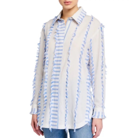 Finley blue and white fringe trim  button down - Picture 1 of 9